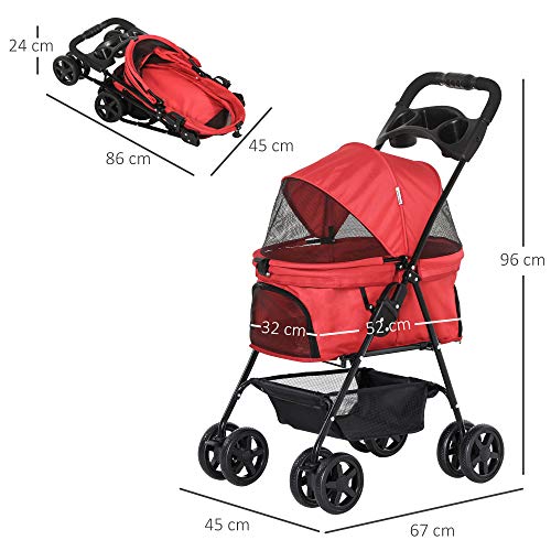 Pawhut Cochecito para Mascotas Plegable Carrito para Perros Desmontable Acero Tela Oxford Ruedas Giratorias Frenos Ventana para Perros Gatos Pequeñitos 67x45x96 cm Rojo