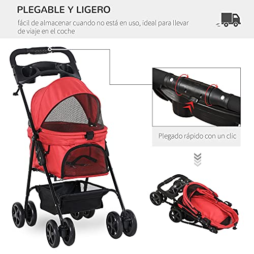 Pawhut Cochecito para Mascotas Plegable Carrito para Perros Desmontable Acero Tela Oxford Ruedas Giratorias Frenos Ventana para Perros Gatos Pequeñitos 67x45x96 cm Rojo