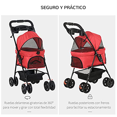 Pawhut Cochecito para Mascotas Plegable Carrito para Perros Desmontable Acero Tela Oxford Ruedas Giratorias Frenos Ventana para Perros Gatos Pequeñitos 67x45x96 cm Rojo