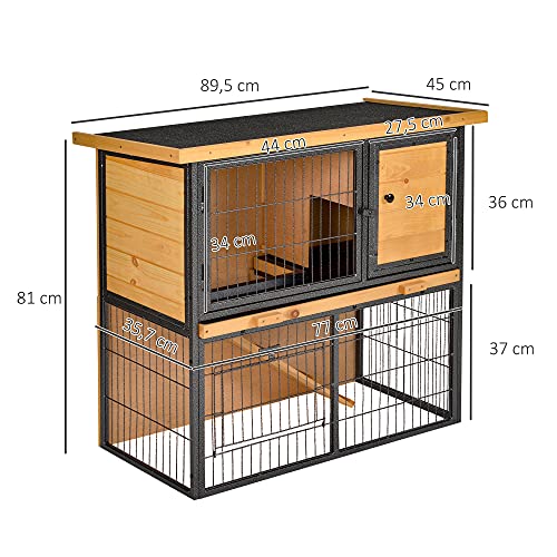 Pawhut Conejera de Exterior de Madera Jaula para Mascotas Pequeñas 2 Niveles con Rampa Bandeja Extraíble Puertas con Cerraduras 89,5x45x81 cm Madera y Gris