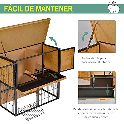 Pawhut Conejera de Exterior de Madera Jaula para Mascotas Pequeñas 2 Niveles con Rampa Bandeja Extraíble Puertas con Cerraduras 89,5x45x81 cm Madera y Gris