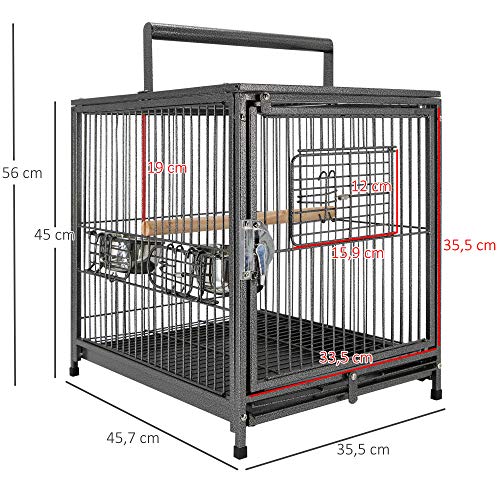 Pawhut Jaula para Pájaro Metálica Espaciosa para Loros Interior o Exterior con 4 Puertas 2 Comederos Inoxidables Desmontable Fácil de Transportar 45,7x35,5x56 cm