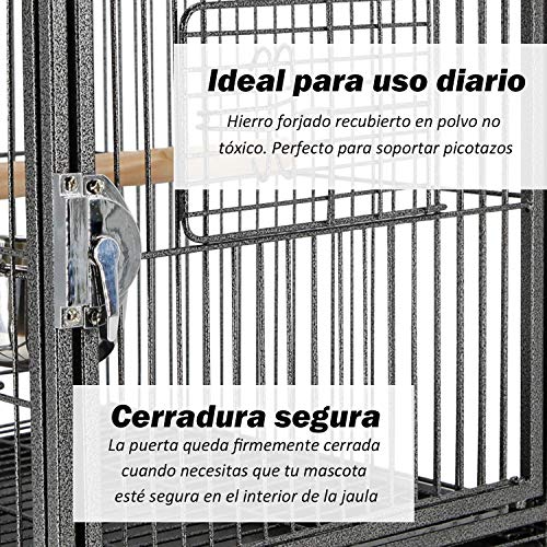 Pawhut Jaula para Pájaro Metálica Espaciosa para Loros Interior o Exterior con 4 Puertas 2 Comederos Inoxidables Desmontable Fácil de Transportar 45,7x35,5x56 cm