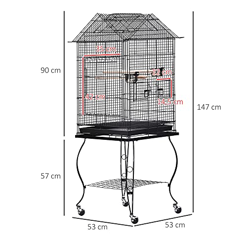 Pawhut Jaula para Pájaros con Soporte y Ruedas Bandeja Extraíble 2 Comederos Repisa Inferior Metal para Canarios Periquitos Loros 53x53x147 cm Negro