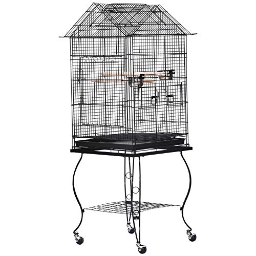 Pawhut Jaula para Pájaros con Soporte y Ruedas Bandeja Extraíble 2 Comederos Repisa Inferior Metal para Canarios Periquitos Loros 53x53x147 cm Negro