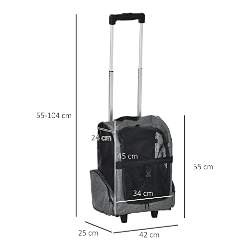 Pawhut Transportín Carrito para Mascotas 2 en 1 Mochila de Viaje con 2 Ruedas para Perros Gatos con Asa Retráctil de Aluminio y Bolsillos de Almacenaje 42x25x55 cm Gris