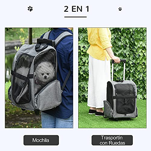 Pawhut Transportín Carrito para Mascotas 2 en 1 Mochila de Viaje con 2 Ruedas para Perros Gatos con Asa Retráctil de Aluminio y Bolsillos de Almacenaje 42x25x55 cm Gris