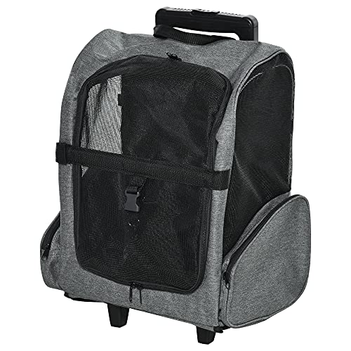 Pawhut Transportín Carrito para Mascotas 2 en 1 Mochila de Viaje con 2 Ruedas para Perros Gatos con Asa Retráctil de Aluminio y Bolsillos de Almacenaje 42x25x55 cm Gris