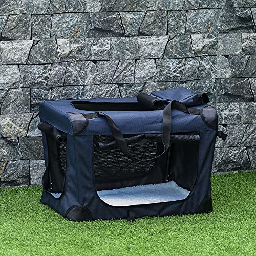 PawHut Transportín Perro Gato Bolsa de Transporte Portátil y Transpirable para Mascotas Plegable con Cojín 3 Puertas y Ventana de Malla 2 Bolsillos 60x41,5x41 cm Azul Oscuro