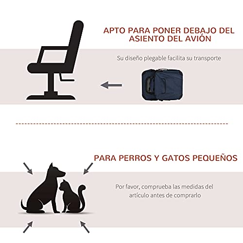 PawHut Transportín Perro Gato Bolsa de Transporte Portátil y Transpirable para Mascotas Plegable con Cojín 3 Puertas y Ventana de Malla 2 Bolsillos 60x41,5x41 cm Azul Oscuro