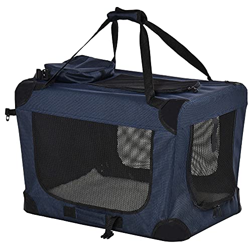 PawHut Transportín Perro Gato Bolsa de Transporte Portátil y Transpirable para Mascotas Plegable con Cojín 3 Puertas y Ventana de Malla 2 Bolsillos 60x41,5x41 cm Azul Oscuro