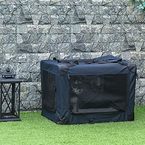 Pawhut Transportín Perro Gato Bolsa de Transporte Portátil y Transpirable para Mascotas Plegable con Cojín 3 Puertas y Ventana de Malla 2 Bolsillos 80,5x57x57 cm Azul Oscuro