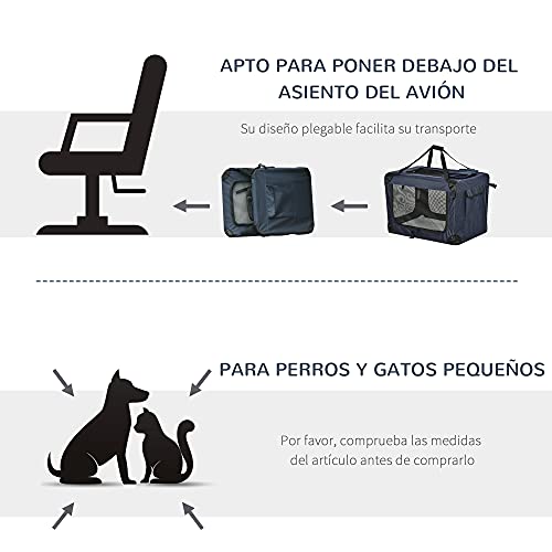 Pawhut Transportín Perro Gato Bolsa de Transporte Portátil y Transpirable para Mascotas Plegable con Cojín 3 Puertas y Ventana de Malla 2 Bolsillos 80,5x57x57 cm Azul Oscuro