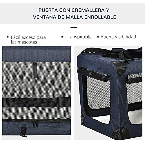 Pawhut Transportín Perro Gato Bolsa de Transporte Portátil y Transpirable para Mascotas Plegable con Cojín 3 Puertas y Ventana de Malla 2 Bolsillos 80,5x57x57 cm Azul Oscuro