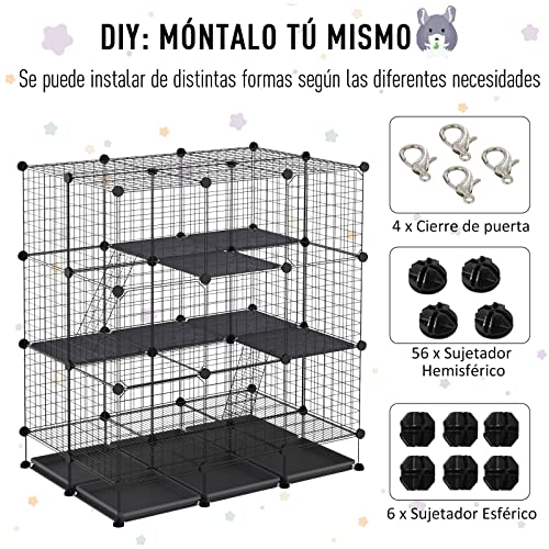 Pawhut Valla Metálica para Pequeños Animales Montaje DIY Parque Metálica Desmontable con 3 Niveles y 4 Puertas Grandes 6 Bandejas Extraíbles Jaula de Mascotas Pequeñas 111x75x119 cm Negro