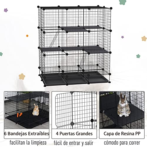 Pawhut Valla Metálica para Pequeños Animales Montaje DIY Parque Metálica Desmontable con 3 Niveles y 4 Puertas Grandes 6 Bandejas Extraíbles Jaula de Mascotas Pequeñas 111x75x119 cm Negro