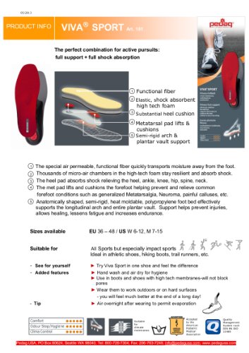 Pedag Viva Sport Semi-Rigid Orthotic for Impact Sports with Met Pad and Heel CUShion, EU 51/US M18, 6.88 Ounce