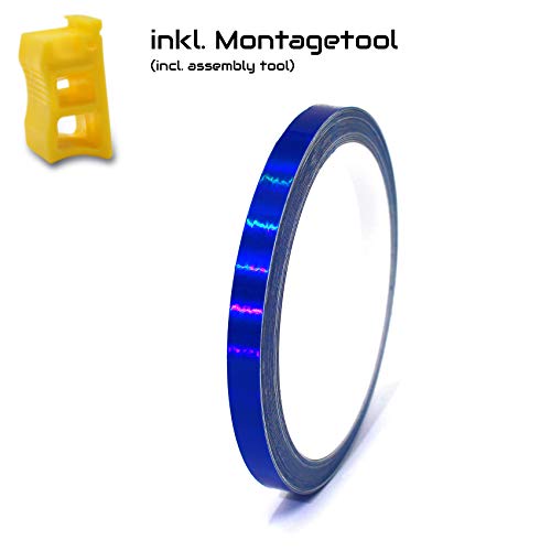 Pegatina para llanta borda ancho 7mm cromo holograma tira decorativa con herramienta de montaje 16" 17" 18" 19" para motocicleta, coche, bicicleta (holograma azul)