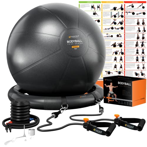 Pelota de Pilates, Balón de Ejercicio, Bola de Embarazada, Yoga, Fitness y Gimnasio - 55cm / 65cm / 75cm Anti Explosión Fitball Silla Equilibrio con Base, Gomas de Resistencia, Guia Fitness y Bomba