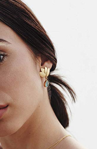 Pendientes dorados Flor de Loto Oro de 18 quilates con Piedra Natural Onix Verde para Mujer - Pendientes de Diseño en tonos dorados y verdes - Pendientes para mujer de flor