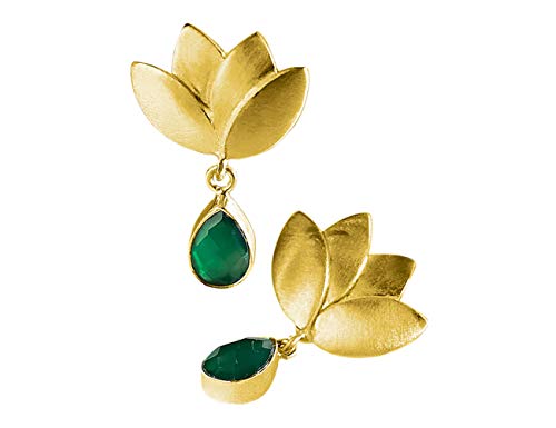 Pendientes dorados Flor de Loto Oro de 18 quilates con Piedra Natural Onix Verde para Mujer - Pendientes de Diseño en tonos dorados y verdes - Pendientes para mujer de flor