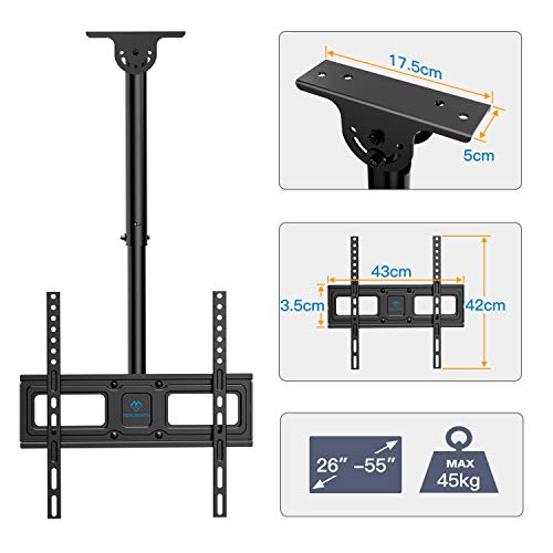 PERLESMITH Soporte para TV - Soporte Giratorio Ajustable para TV para Pantalla de 26 a 55 Pulgadas - Soporte de Techo para TV de Movimiento Completo, soporta hasta 45 kg con VESA 400 x 400