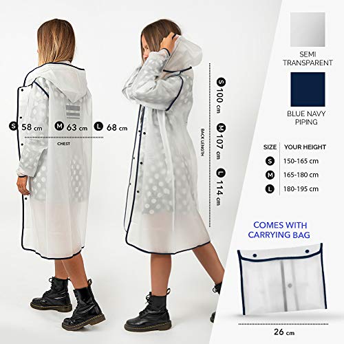 PERLETTI Chubasquero Hombre Mujer Ligero y Reutilizable - Impermeable Hombre Mujer Resistente al Agua - Ropa de Agua Impermeable Detalles Reflectantes Capucha Botones (S, Transparente con Borde Azul)