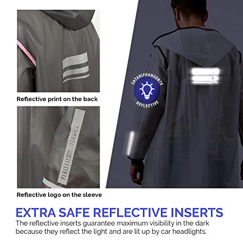 PERLETTI Chubasquero Hombre Mujer Ligero y Reutilizable - Impermeable Hombre Mujer Resistente al Agua - Ropa de Agua Impermeable Detalles Reflectantes Capucha Botones (S, Transparente con Borde Azul)