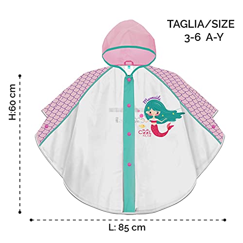 PERLETTI Chubasquero Niñas 3 4 5 6 Años con Sirena - Poncho Impermeable Infantiles con Capucha Rosa Botones a Presión - Ropa de Agua Niña Detalles Reflectantes Little Mermaid (Sirenita, 3-6 Años)