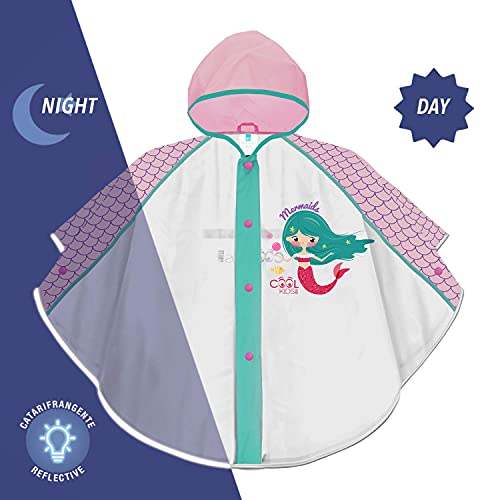 PERLETTI Chubasquero Niñas 3 4 5 6 Años con Sirena - Poncho Impermeable Infantiles con Capucha Rosa Botones a Presión - Ropa de Agua Niña Detalles Reflectantes Little Mermaid (Sirenita, 3-6 Años)