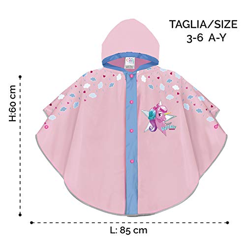 PERLETTI Impermeable Niña para Lluvia con Unicornio Nubes y Corazoncitos - Chubasquero Infantiles 3 4 5 6 Años - Poncho Niñas con Capucha Botones a Presión Detalles Reflectantes (Rosa, 3-6 Años)