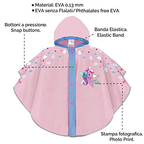 PERLETTI Impermeable Niña para Lluvia con Unicornio Nubes y Corazoncitos - Chubasquero Infantiles 3 4 5 6 Años - Poncho Niñas con Capucha Botones a Presión Detalles Reflectantes (Rosa, 3-6 Años)