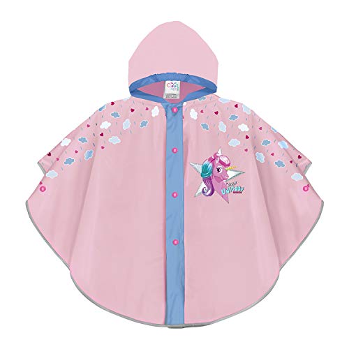 PERLETTI Impermeable Niña para Lluvia con Unicornio Nubes y Corazoncitos - Chubasquero Infantiles 3 4 5 6 Años - Poncho Niñas con Capucha Botones a Presión Detalles Reflectantes (Rosa, 3-6 Años)