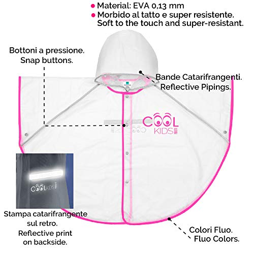 PERLETTI Poncho Impermeable Niño Niña Ribete de Colores - Chubasquero de Lluvia Transparente con Capucha y Botones - Detalles Reflectantes Luminosos de Alta Visibilidad - Cool Kids (Fucsia, 3/6 Años)