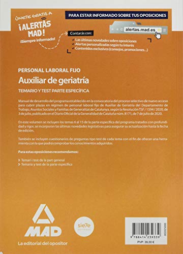 Personal laboral fijo de auxiliar de geriatría de la Generalitat de Catalunya. Temario y test de la parte específica