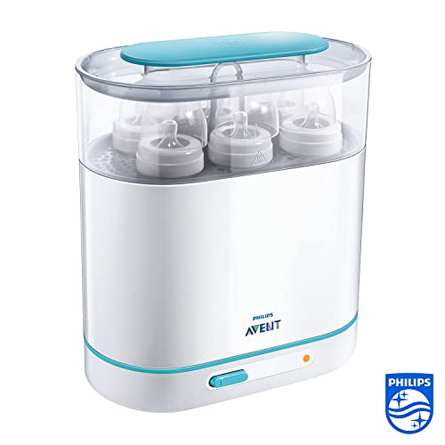 Philips Avent SCF285/02 Esterilizador a Vapor Eléctrico 3 en 1 Apto para Biberones de Cuello Ancho y Estrecho, Ciclo de 6 Minutos con Desconexión Automática, Elimina un 99,9% de Gérmenes Dañinos, Color Blanco/ Azul