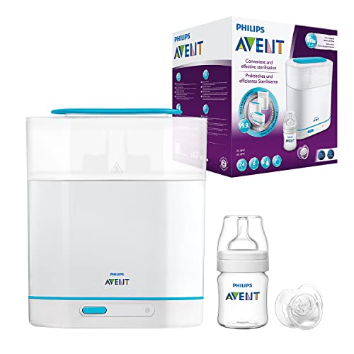 Philips Avent SCF285/02 Esterilizador a Vapor Eléctrico 3 en 1 Apto para Biberones de Cuello Ancho y Estrecho, Ciclo de 6 Minutos con Desconexión Automática, Elimina un 99,9% de Gérmenes Dañinos, Color Blanco/ Azul