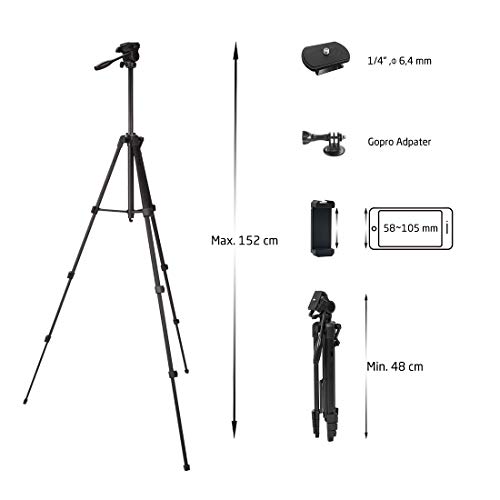 Phinistec 152cm Trípode Cámara Réflex para Móvil, iPhone, Gopro, Smartphone con Hidráulica Cabeza y Adaptador de Móvil y Gopro para Fotografía y Video (Negro)