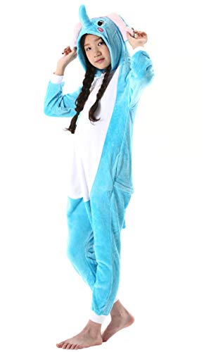 Pijama Animal Entero Unisex para Niños con Capucha Cosplay Pyjamas Ropa de Dormir Traje de Disfraz para Festival de Carnaval Halloween Navidad Azul Elefante para Altura 90-148cm