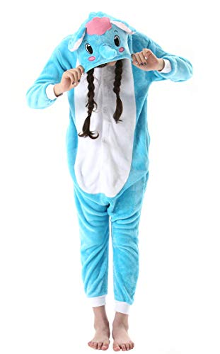 Pijama Animal Entero Unisex para Niños con Capucha Cosplay Pyjamas Ropa de Dormir Traje de Disfraz para Festival de Carnaval Halloween Navidad Azul Elefante para Altura 90-148cm