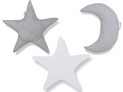 Pirulos Luna Set de 3 Cojines con Relleno Decorativos para la Habitación del bebé, Color Blanco y Gris