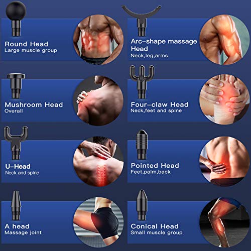 Pistola de Masaje - Masajeador Muscular Profesional de 30 Velocidades con Diseño Único 100,5 ° para Tejido Profundo, 3200 RPM/Super Silencioso / Masajeador Electrico Portátil con 8 Cabezas (Gris)