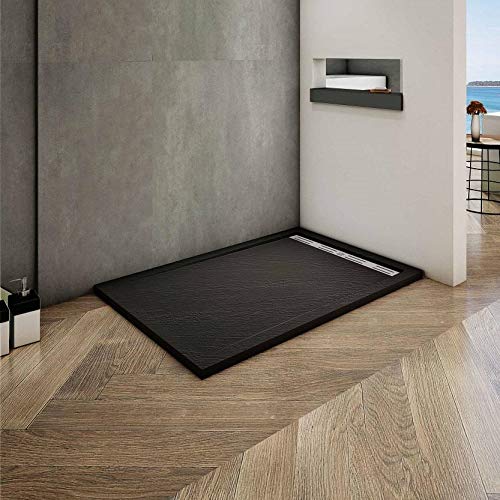 Plato de Ducha Rectangular extraplano RESINA PIZARRA GEL COAT NEGRO, Válvula incluida, Antideslizante 70x90cm