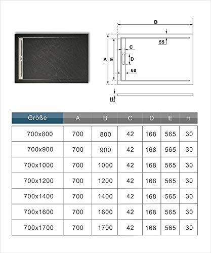 Plato de Ducha Rectangular extraplano RESINA PIZARRA GEL COAT NEGRO, Válvula incluida, Antideslizante 70x90cm