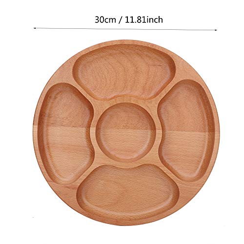 Plato de madera de forma redonda de alimentos dividido plato postre Snack subrejilla plato vajilla bandeja múltiples compartimentos (30 cm)