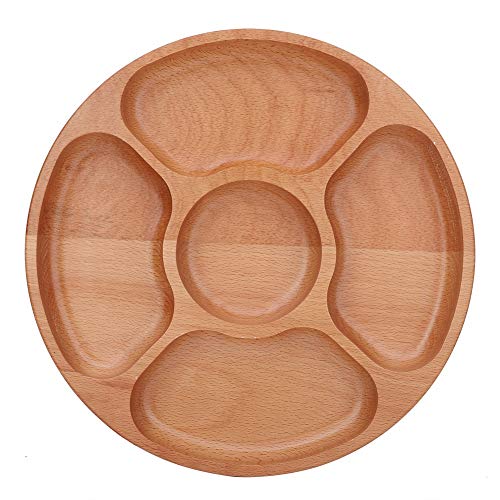 Plato de madera de forma redonda de alimentos dividido plato postre Snack subrejilla plato vajilla bandeja múltiples compartimentos (30 cm)