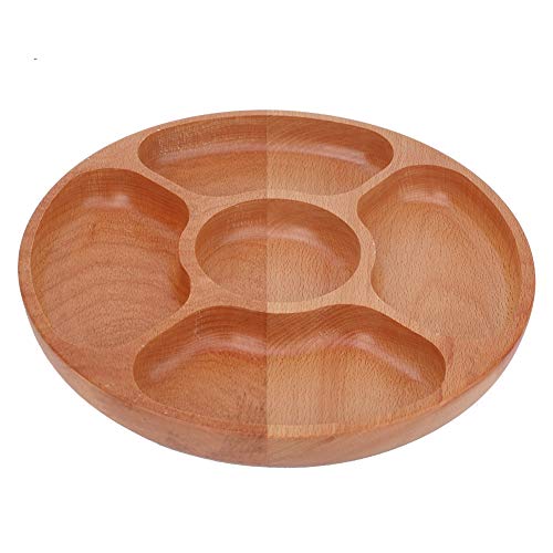 Plato de madera de forma redonda de alimentos dividido plato postre Snack subrejilla plato vajilla bandeja múltiples compartimentos (30 cm)