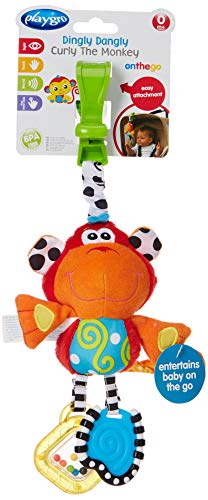 Playgro 182854 - Dingly Dangly, Curly el mono, juguete con sonajero para bebe, lactancia