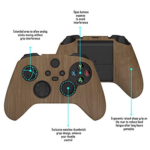 PlayVital Funda de Transferencia de Agua para Xbox Series X S Mando Protector Antideslizante Carcasa de Silicona Estuche de Goma con 6 Tapas de Joysticks para Xbox Series S X Control(Grano de Madera)