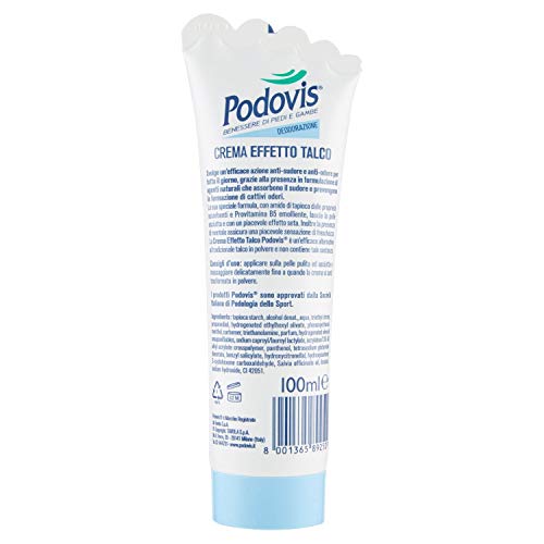 Podovis, Crema efecto talco, absorbe el sudor y previene la formación de malos olores, propiedades hidratantes, sensación de frescor, 100 ml